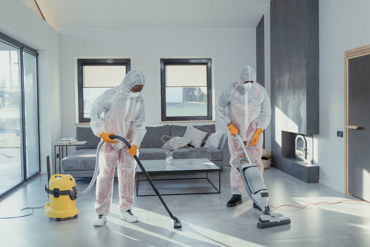 Cleaners in protective suits vacuuming dust from a newly finished interior